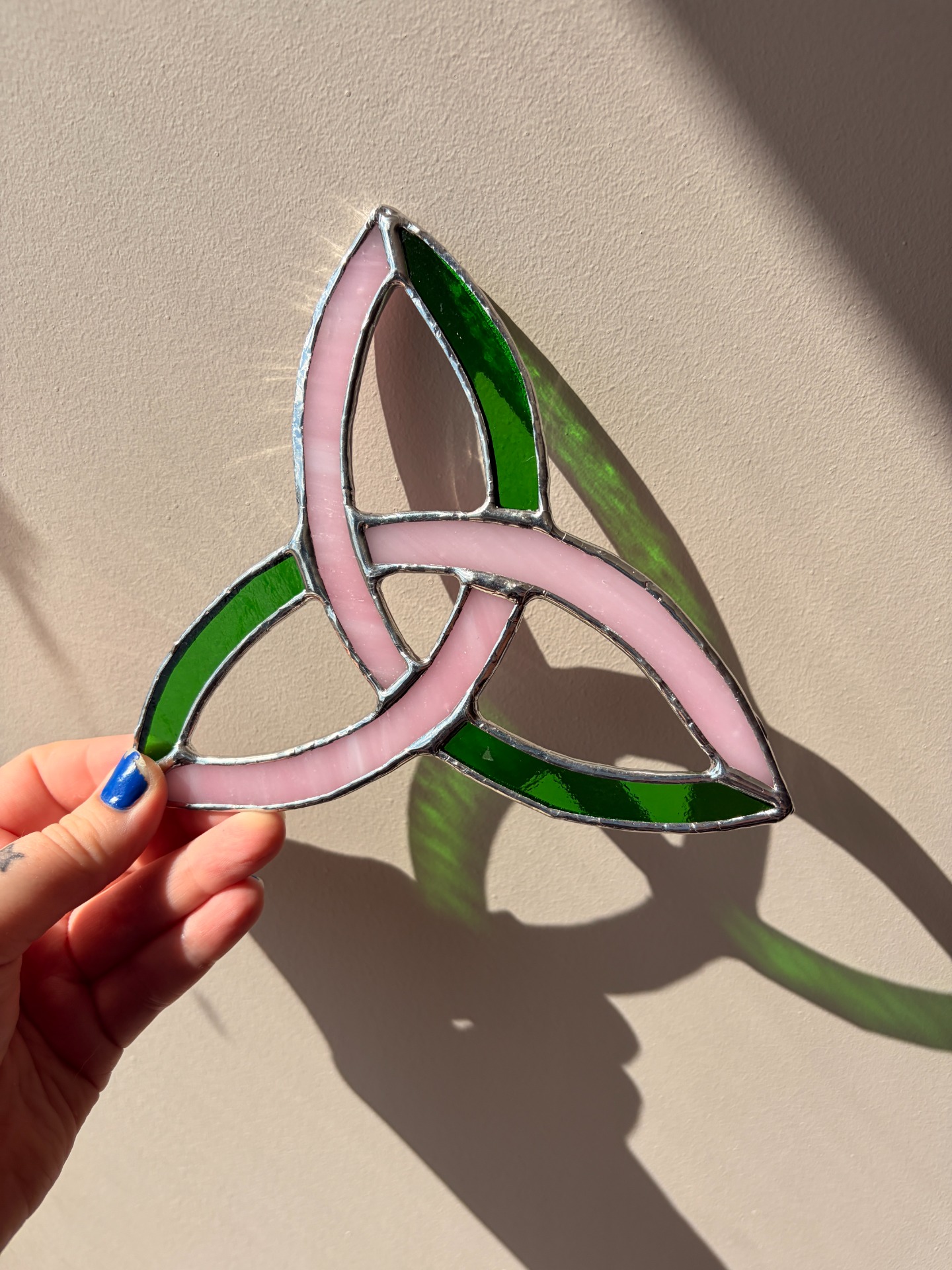 Pink & Green stained glass triquetra